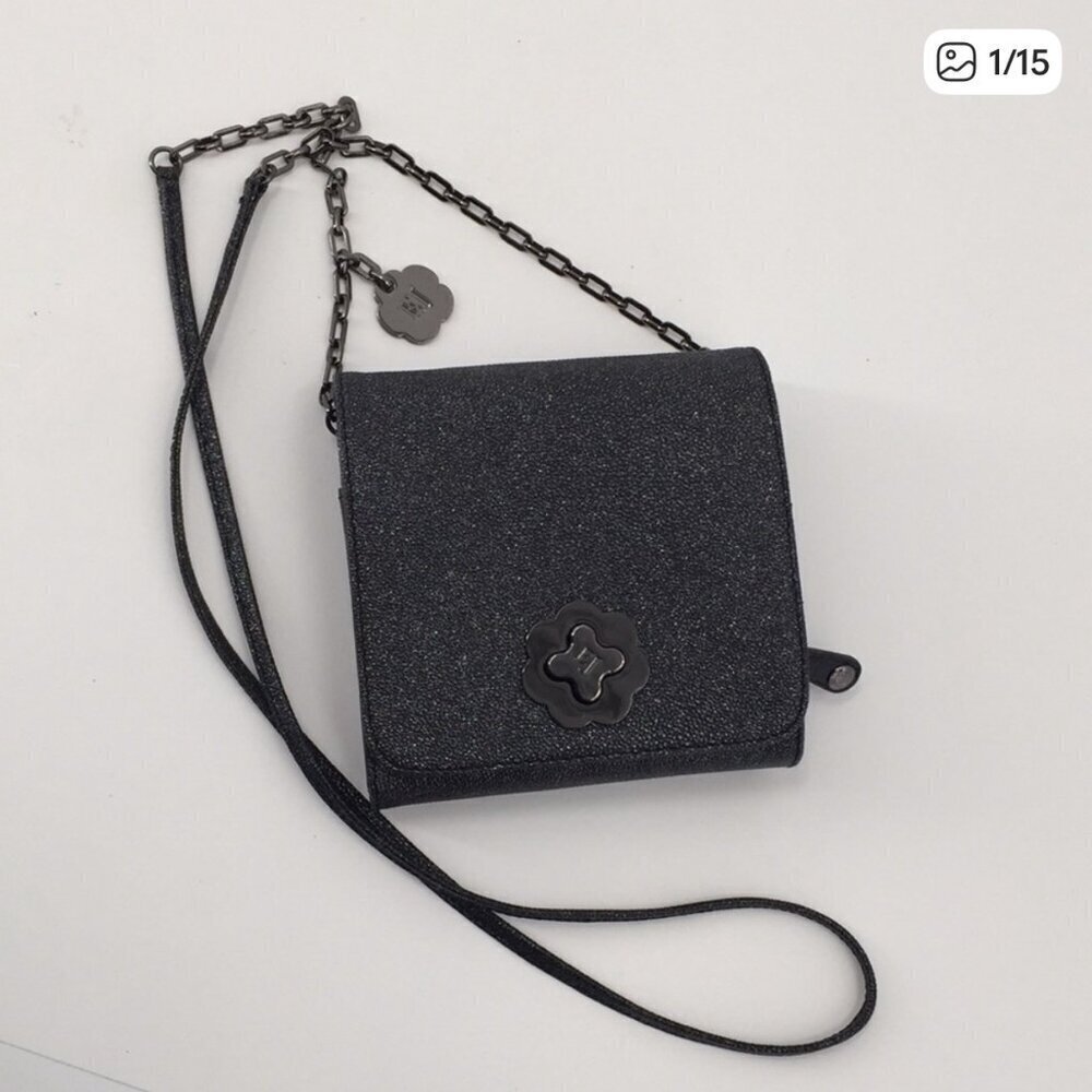 Eric Javits Small Crossbody Organizer Wallet Bag Chain Gunmetal Shimmer Siver